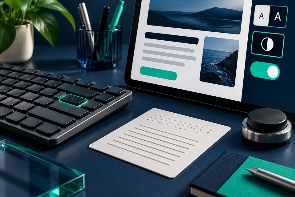 Teclado, cartão tátil e painel de interface com foco visível e controles de alto contraste.