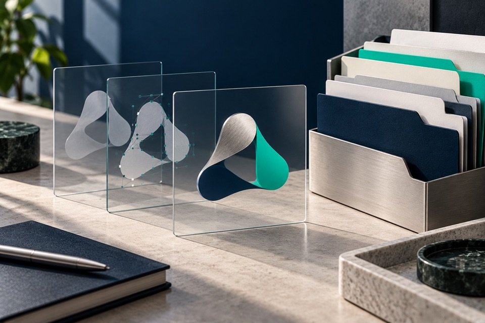 Camadas de um símbolo e arquivos organizados ilustram a entrega do logotipo.