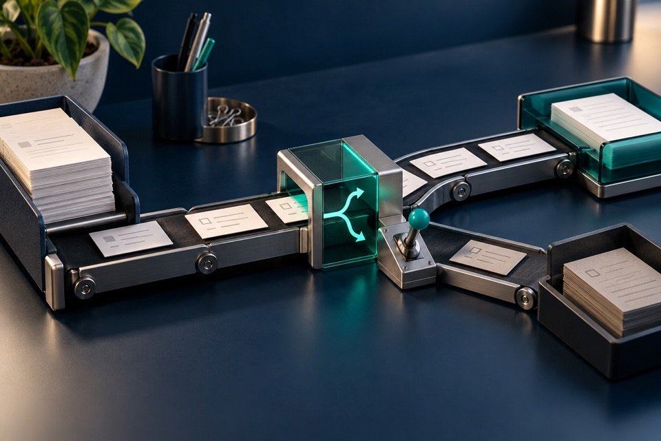 Fluxo modular de automação com entrada, decisão, saída e controle manual acessível.