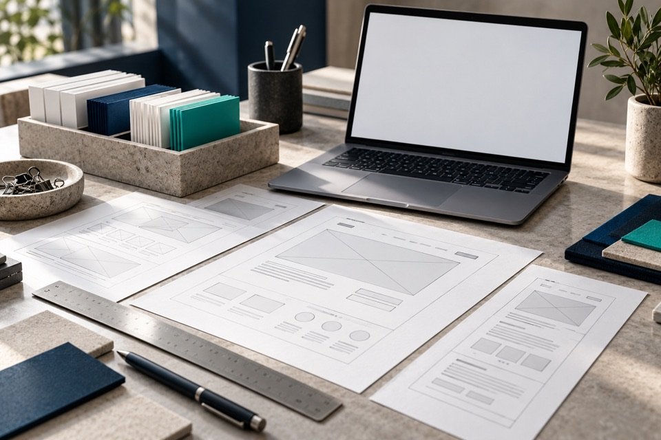 Wireframes e cartões de requisitos organizam o briefing de um site.