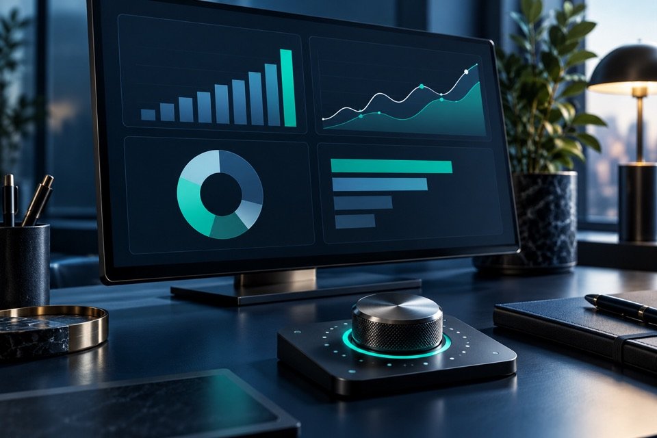 Monitor com painéis de indicadores e um seletor físico para orientar a decisão.