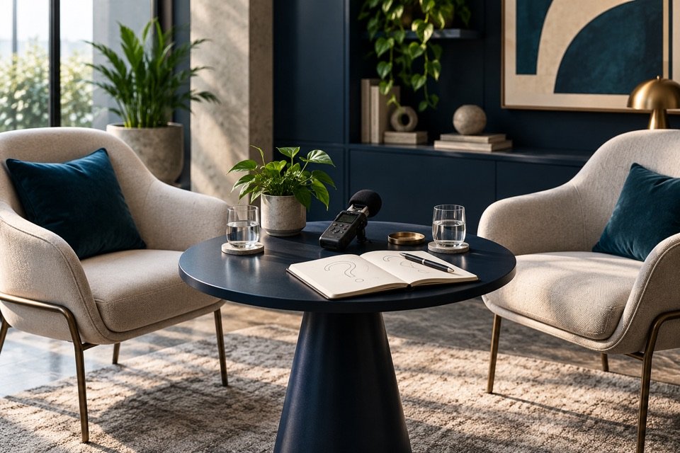 Mesa de entrevista com gravador e anotações para ouvir clientes.