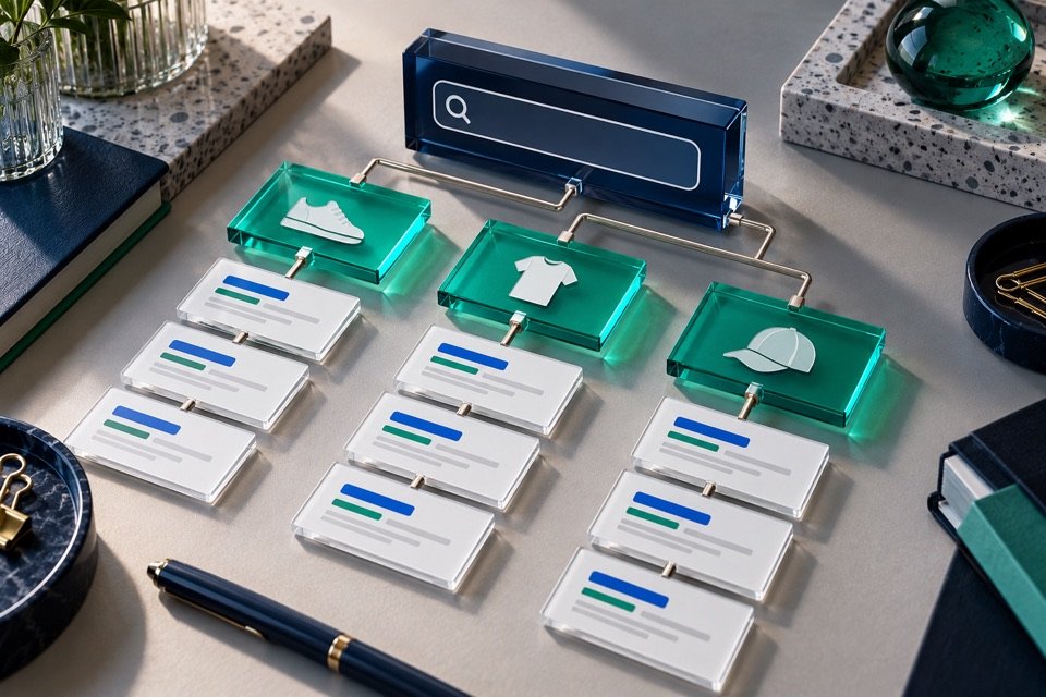 Estrutura modular de campanha com um núcleo, grupos verdes e peças de anúncios separadas.