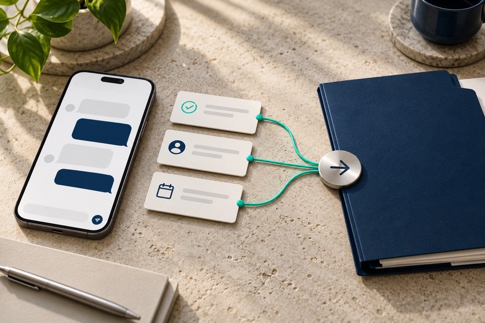 Conversas no smartphone conectadas a registros e a uma pasta de cliente.