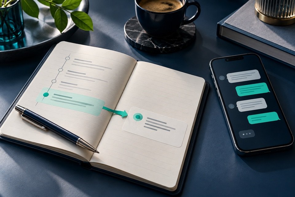 Caderno e smartphone conectam o contexto da conversa comercial à próxima ação combinada.