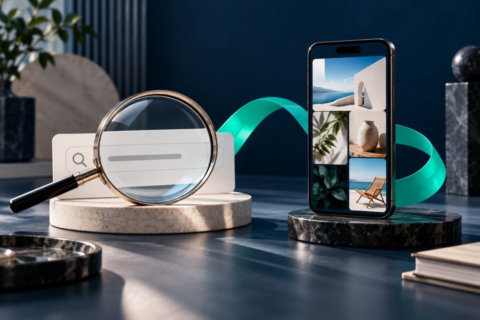 Uma lupa de pesquisa e um smartphone de conteúdo visual representam papéis diferentes dos canais.
