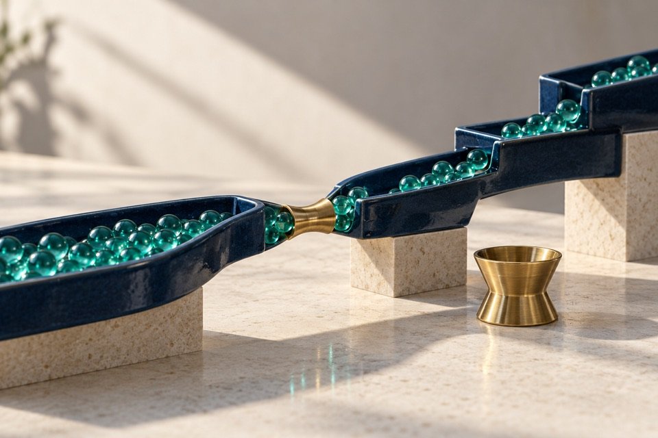 Canais de cerâmica navy conectados por uma passagem estreita que retém esferas verdes.