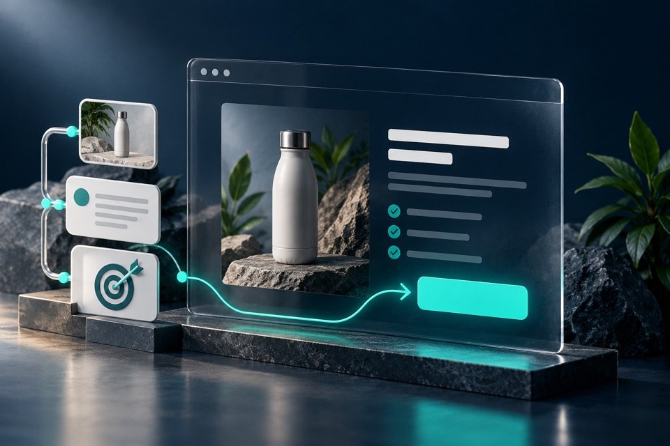 Painel de landing page com oferta, ilustração e uma única ação principal em verde.