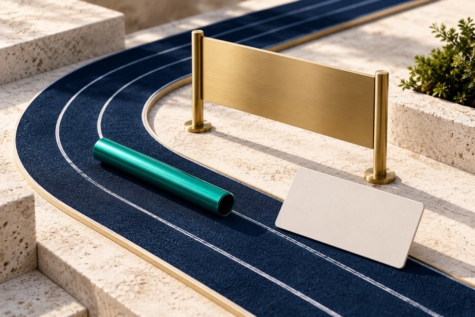 Pista de corrida em miniatura, bastão verde e estrutura de patrocínio sem marcas.