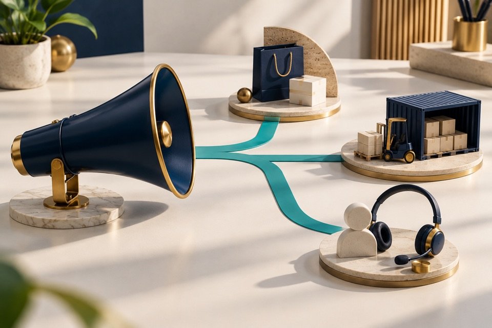 Megafone conectado a módulos de oferta, distribuição e atendimento.
