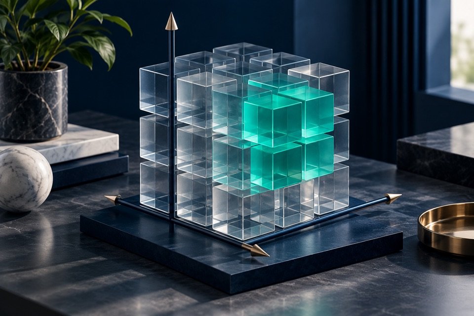 Cubos organizados em três dimensões de segmentação, com um grupo verde destacado.