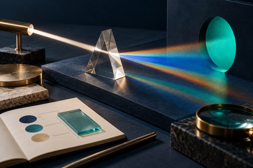 Prisma óptico e feixe de luz sobre uma superfície de observação.