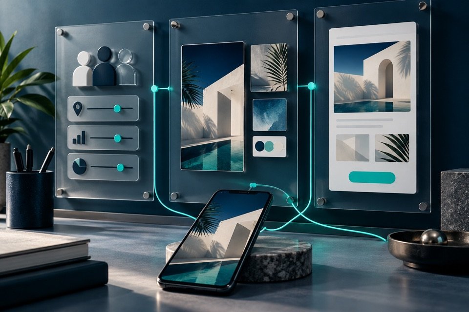 Painéis de planejamento de público, criativo e destino conectados a um smartphone.