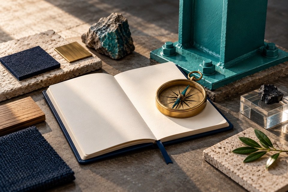 Bússola de metal, caderno e amostras organizados ao lado de uma estrutura verde.