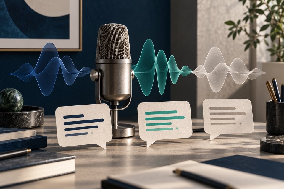 Microfone, ondas sonoras e cartões de conversa representam uma voz consistente em diferentes situações.