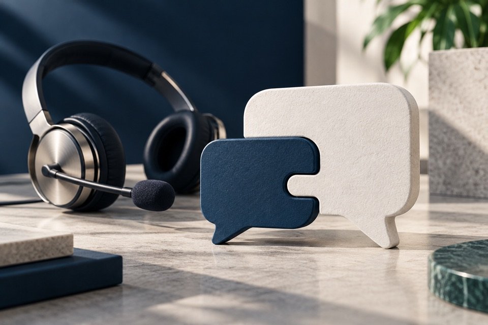 Headset e cartões de conversa representam o tom de voz no atendimento.