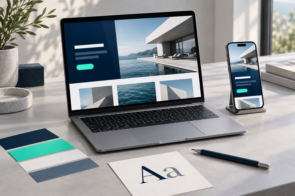 MacBook e smartphone com protótipos de website, acompanhados de amostras de cor e tipografia.