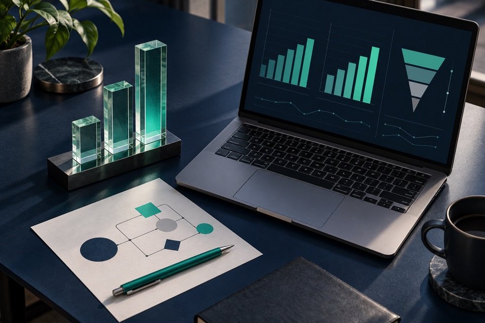 MacBook com gráficos conceituais de experimentação e colunas de vidro representando crescimento.
