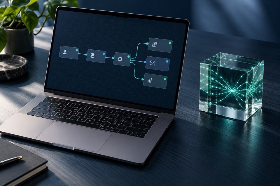 MacBook com fluxo de automação e escultura de vidro com conexões de dados.