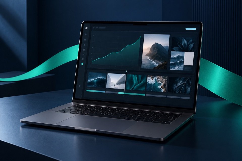 MacBook com interface conceitual de planejamento de marketing em ambiente azul-marinho.