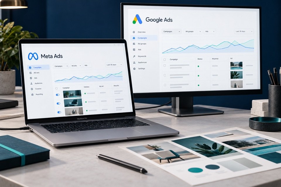 MacBook e monitor com representações ilustrativas de campanhas no Meta Ads e Google Ads.