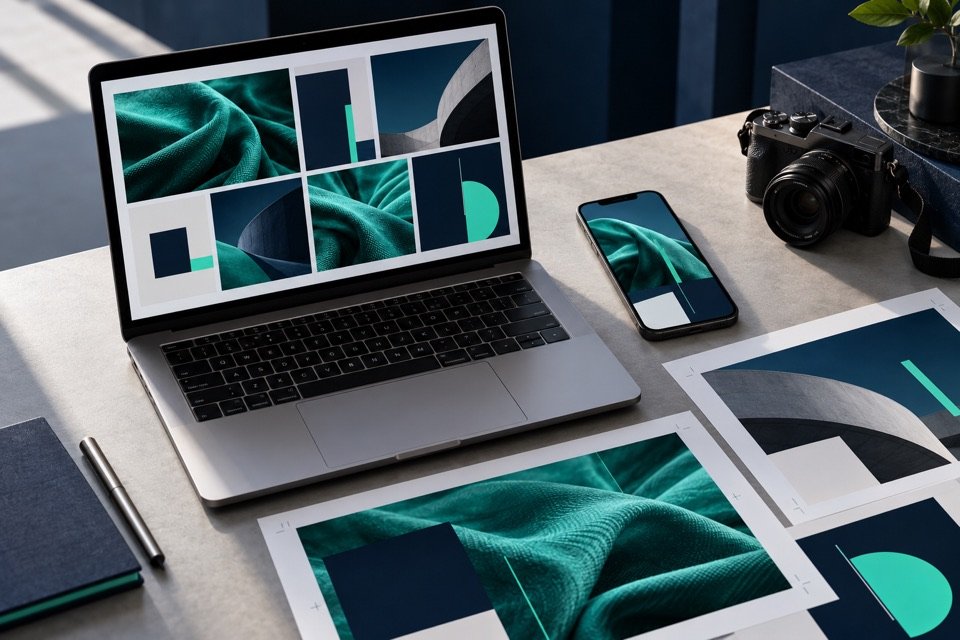 Estação de produção de campanha com MacBook, smartphone, câmera e peças gráficas.