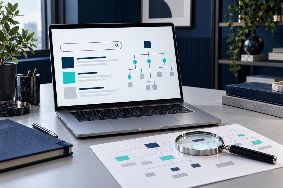 MacBook com interface conceitual de pesquisa e diagrama de arquitetura de informações.