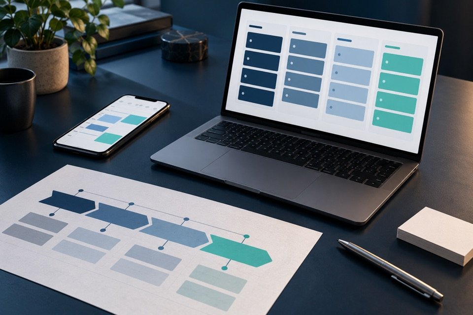 MacBook com quadro ilustrativo de oportunidades de vendas e um mapa de processo comercial.